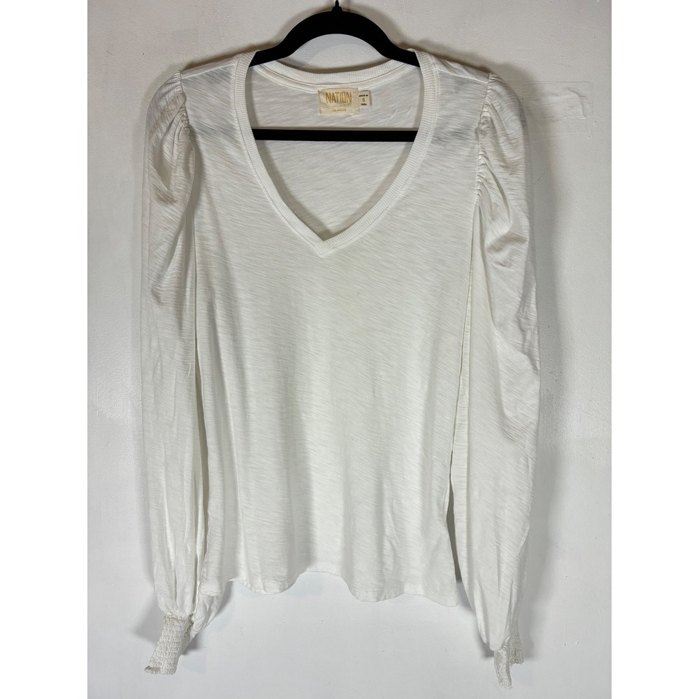 White Pima Cotton Puff‎ Sleeve V Neck Top Business Casual Small Elevated Basic